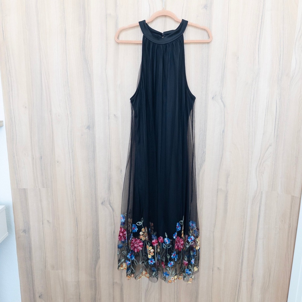 Floral Embroidered Mesh Midi Dress 2XL Black Cottage Boho Romantic Feminine Chic